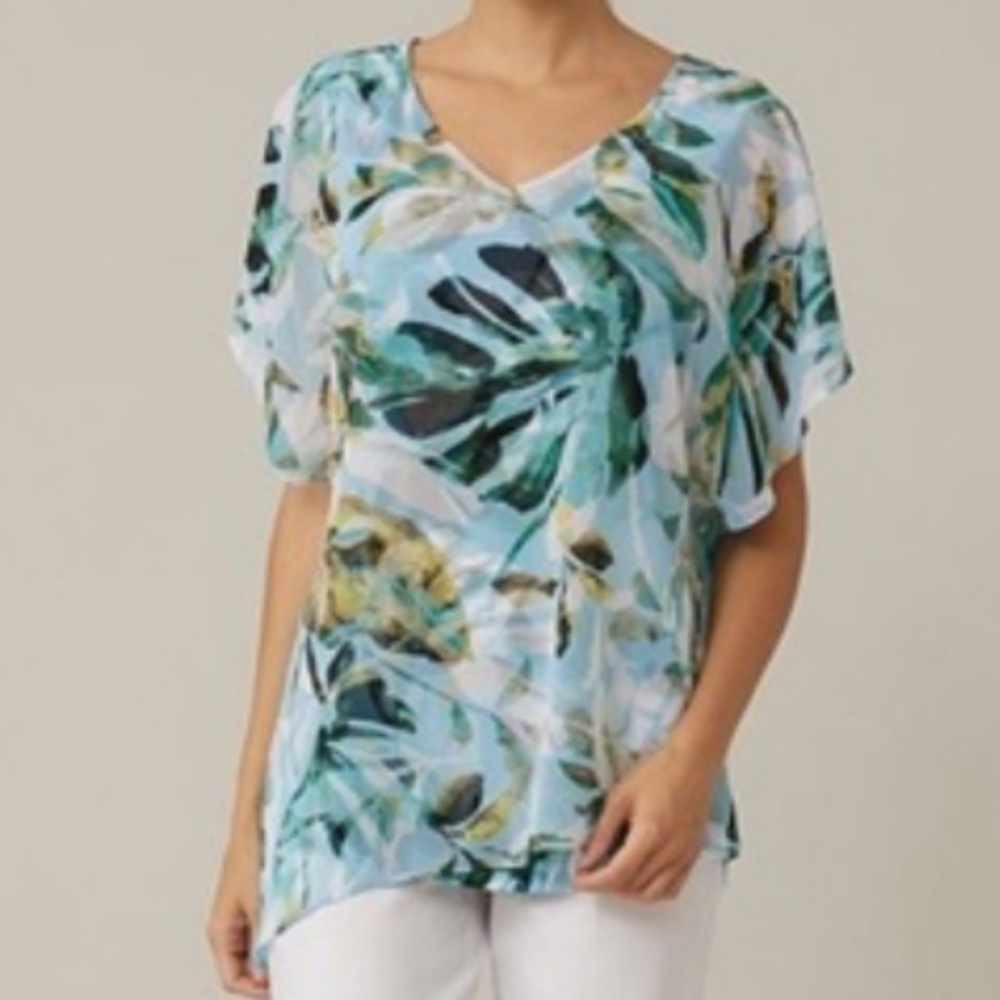 SOFTWORKS White Tropical Cold Shoulder Green Leaf Blouse L NWOT
